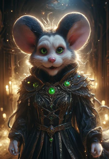 Closeup portrait. face closeup, 3d depth of field Simulation, closeup portrait of an fluffy high detailed furry evil oriental diddl mouse hkmagic overlord at night, high collar translucent galaxy luminous gown, toxic glowing translucent skull orbstaff, oriental desert themed city, realistic, depth of lenticular, dramatic, bold lines async, deep blacks, illuminated from behind, holy Aura, Long dense grown river