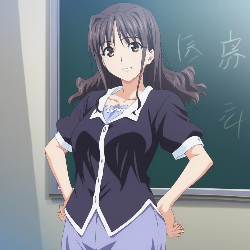 shi0ri,standing, smile, teacher, classroom blackboard, short sleeve, blue camisole, black blouse,