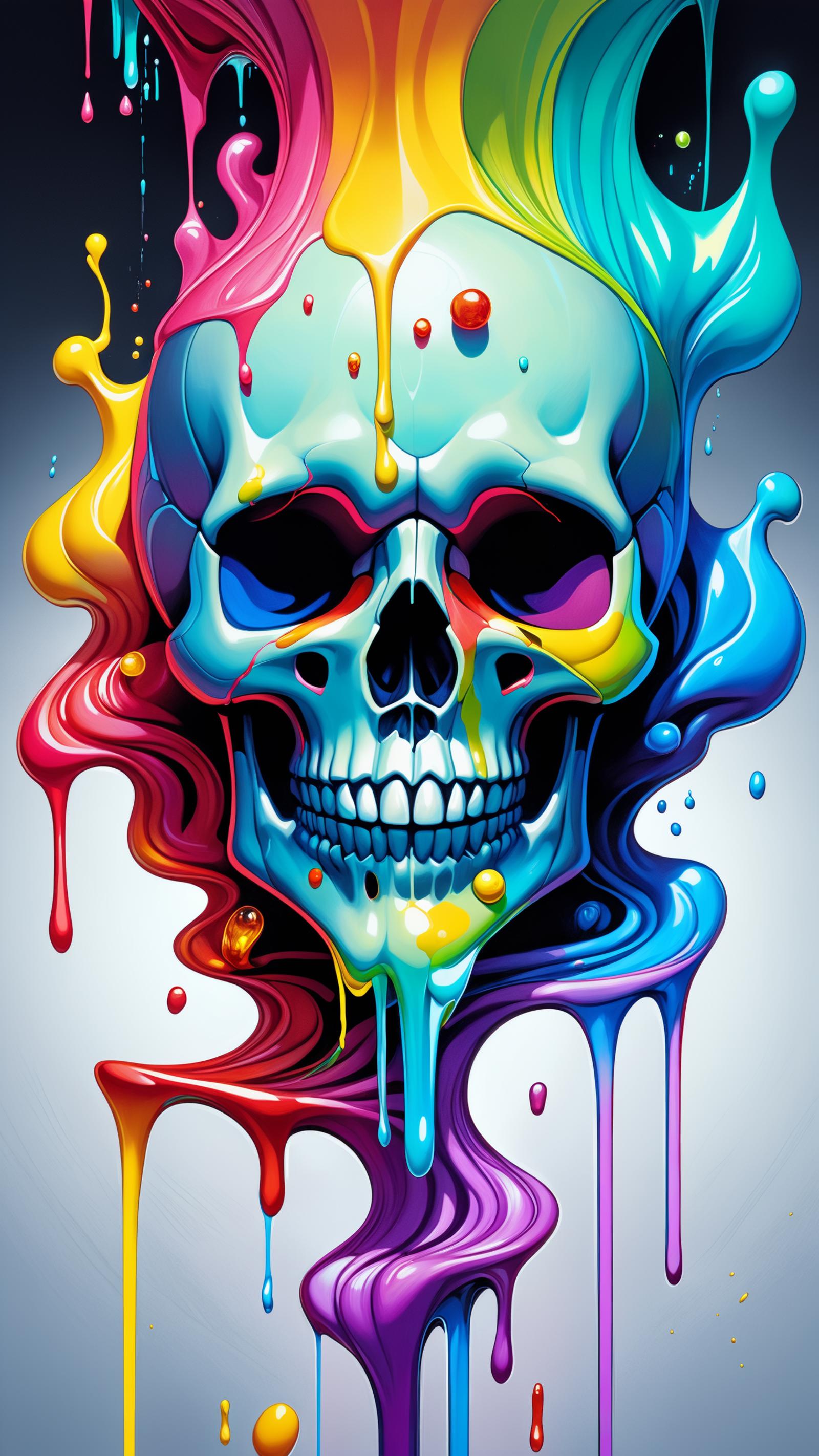 Colorful, Rainbow-Painted Skull with Yellow, Red, Green, Blue, and Purple Paint Splatters