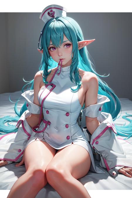 <lora:Keera-03:1>,
((big breasts)), 1girl, solo, long hair, looking at viewer, simple background, hat, white background, dress, bare shoulders, sitting, very long hair, blue hair, pointy ears, pink eyes, off shoulder, white dress, sleeves past wrists, aqua hair, mouth hold, sleeves past fingers, nurse cap, nurse, stethoscope, (masterpiece,best quality:1.5)