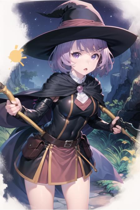 anime, best quality,cowboy shots,night,forest,1girl,purple eyes,purple hair,short hair,witch hat,