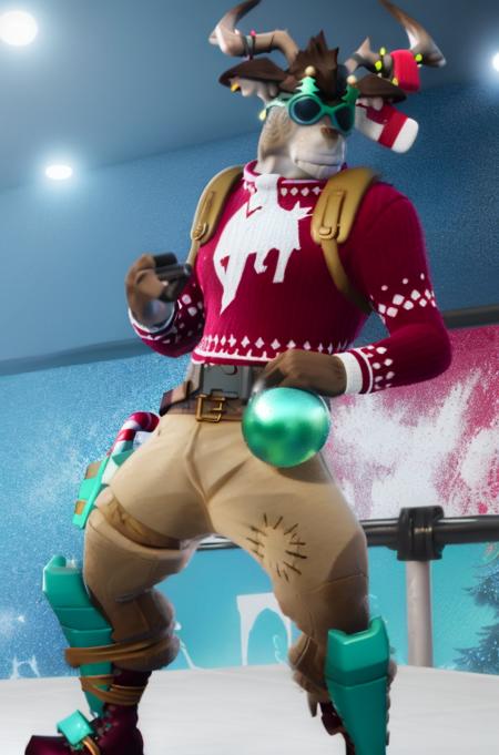 A high quality unreal engine render of a close up portrait of anthro reindeer Fortnite_Dolph, novelty glasses, Christmas Sweater, Belt, Christmas Stocking, Christmas Lights, Candycane, Pistol Holster, Christmas Ball Ornament, Khaki Pants, Shin Guards, Boots, three fingered hands, (interior, wrestling ring), (posing, standing on turnbuckle), (detailed fur:1.2), CG, Octane Render, 8k uhd, soft lighting, high quality, ambient occlusion, <lora:Fortnite_Dolph_v3.3:1>