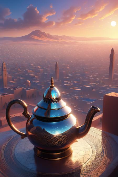 A moroccan cityscape inside a teapot (art by Christopher Balaskas) atai, Artstation contest winner, wow 4 k detail, extremely high resolution, <lora:Atay:0.8>