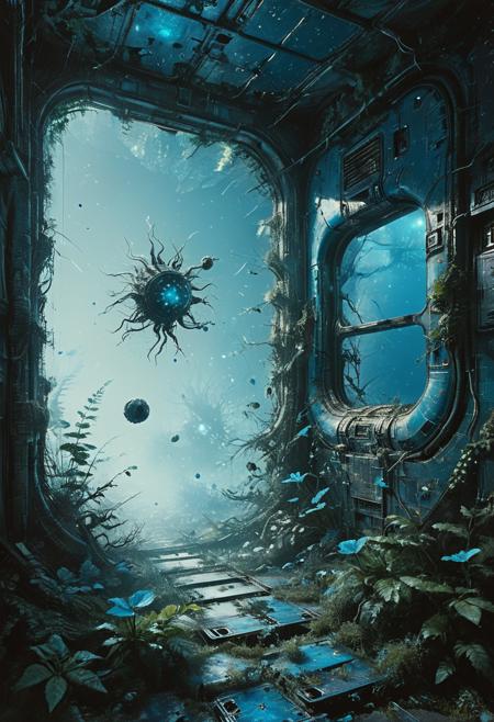 Abandoned space station, zero gravity, floating debris, overgrown with alien flora, bioluminescent plants, eerie blue glow, cracked windows revealing stars, high detail, high resolution, otherworldly beauty, sense of isolation, mysterious atmosphere, detailed textures, cinematic lighting <lora:Desolation:0.4>, <lora:The_Horror_Style:0.4>, <lora:ral-dissolve:0.4>, ral-dissolve, <lora:ral-frctlgmtry:0.4>, ral-frctlgmtry