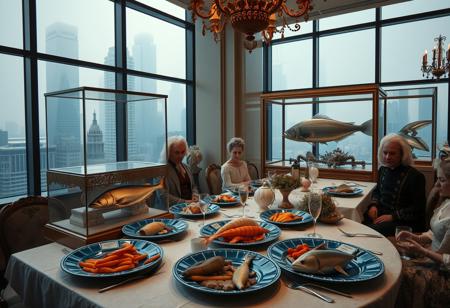 A surreal dining scene in a modern cityscape with large windows overlooking misty skyscrapers in a vintage style. Ornate glass cases hold oversized exotic fish, displayed like museum specimens, placed alongside blue ceramic plates of seafood arranged in an artistic manner. The setting features elegantly dressed people with powdered wigs and 18th-century attire, seated or standing around the table, admiring the display. The lighting is soft and diffused, emphasizing the pale tones of the decor and the ethereal atmosphere of the room. The overall mood blends vintage opulence with a modern surrealist twist