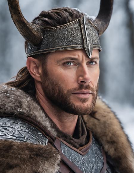 portrait of jensen ackles as fierce Viking King, detailed skin, huge muscles, snowy nordic forest, extremely detailed, Sharp focus, dramatic <lora:jensen ackles-XL:0.75>