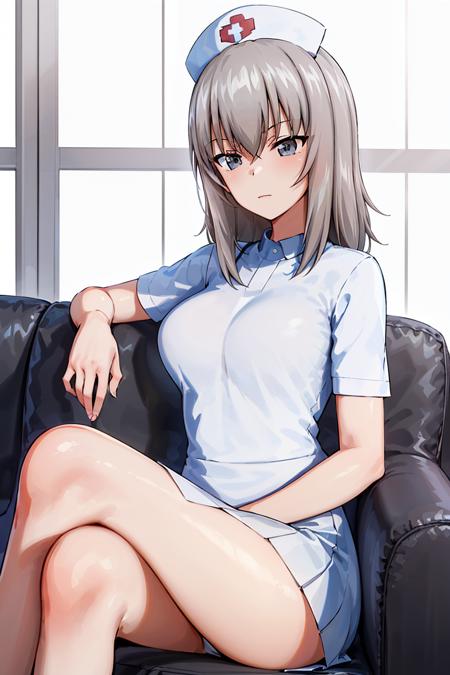 masterpiece, best quality, 1girl,solo,girls und panzer, itsumi erika, (white_nurse_dress+long_skirt), (white nurse cap), sitting,crossed legs, disappointed, indoors, couch, <lora:Itsumi Erika:0.6>