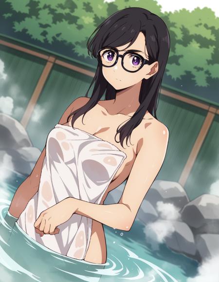 hizuru minakata, long hair, black hair, glasses, purple eyes, black-framed eyewear, shirt, gloves, cleavage, collarbone, jacket, black gloves, pants, black jacket, black shirt, black pants, formal, suit,