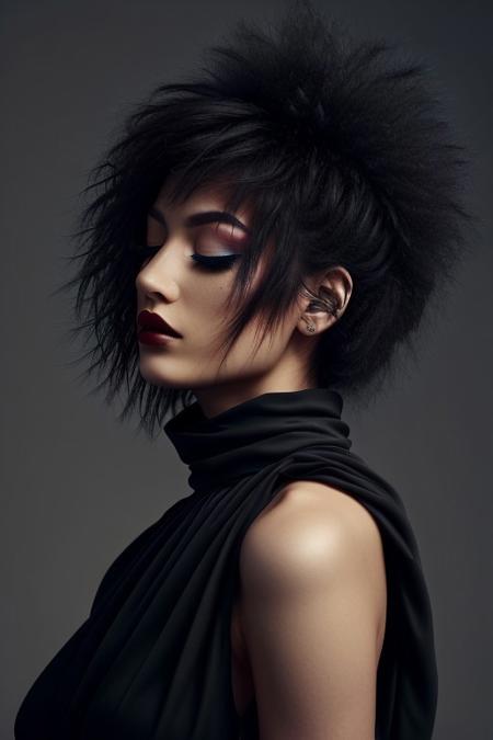 The image is a high-resolution photograph of a person with an ethereal, surreal aesthetic. The subject is a woman with a striking, statuesque appearance, her face and body draped in a dark, almost black, high-fashion ensemble. She has her eyes closed, giving an impression of serenity or contemplation. Her makeup is dramatic, with dark, matte lipstick and eyeshadow that matches the dark tones of her attire. side view,