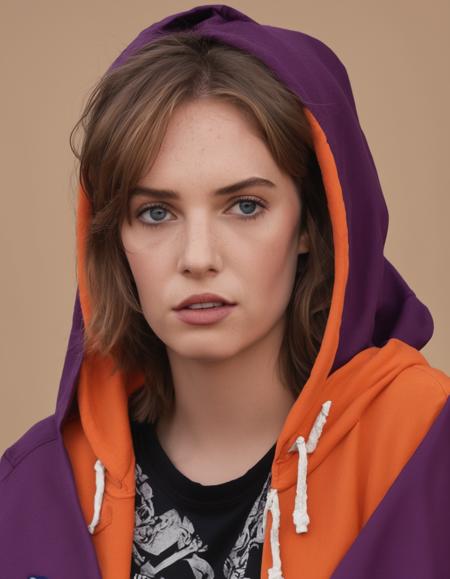 breathtaking portrait of ((ohwx woman)) <lora:maya_lora_sdxl_v1-000008:1> wearing an orange hoody, by don bluth. trending on artstation and deviantart pinterest photorealistic hd 8 k highlights & shadow detailed high resolution award winning photography red black purple neon colors octane render hyperrealism cinematic greg rutkowski mucha magali villeneuv lisa frank / apocalyptic color scheme warhammer 40 s retrofure style atmosphere evil fantasy intricate details portrait character concept fashion design . award-winning, professional, highly detailed