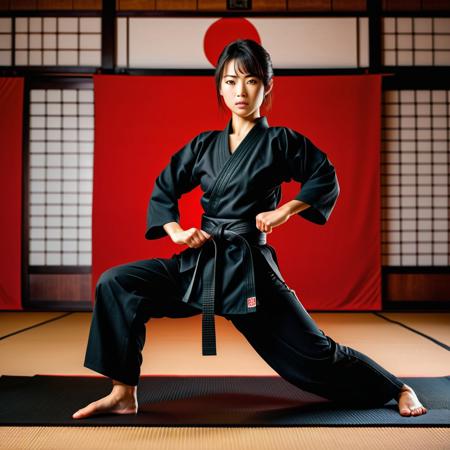 Create a high-resolution digital image of a beautiful Japanese woman in a black karate outfit standing on a mat in a dojo doing her kata.