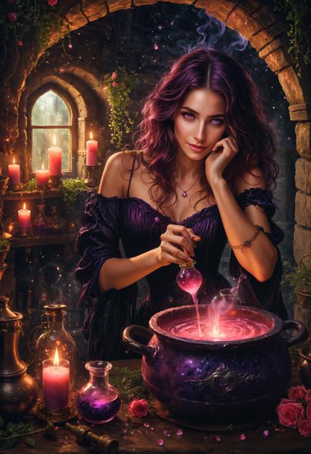 In the dim, candle-lit chamber of an ancient stone cottage, a seductive witch leans over a bubbling cauldron, her movements slow and enchanting. Her dark, flowing hair spills over one shoulder as she stirs the simmering potion, its fumes rising in tendrils of rosy-pink mist that fill the air with a sweet, intoxicating scent. Her crimson lips curve into a mischievous smile as she carefully adds drops of rare, shimmering elixirsârose essence, a dash of moonlight, and a single tear from a night-blooming flower.  Delicate glass vials, sprigs of dried herbs, and enchanted powders lie scattered across the workbench, each ingredient imbued with mystery and allure. With a slow, graceful gesture, she sprinkles in a pinch of stardust, watching as the potion glows a rich, mesmerizing purple. The room itself seems to pulse with an enchanting energy, as though responding to her craft.  Finally, she whispers an incantation under her breath, sealing the magic within. Holding a crystal vial beneath the cauldronâs spout, she fills it with the glistening liquid, swirling with hints of pink and violet, a potion designed to capture hearts and enchant minds. As she corks the vial, her eyes gleam with satisfactionâher love potion is ready.  (1girl, 27 years old:1.3)   realistic, photograph, (masterpiece), 8k quality, (detailed eyes:1.2), (highest quality:1.1), highly detailed, top quality, best quality, (intricate details:1.1), extremely beautiful, elegant, majestic, nsfw, uncensored, <lora:SDXLFaeTastic2400.safetensors:0.7000000000000001:0.7000000000000001>