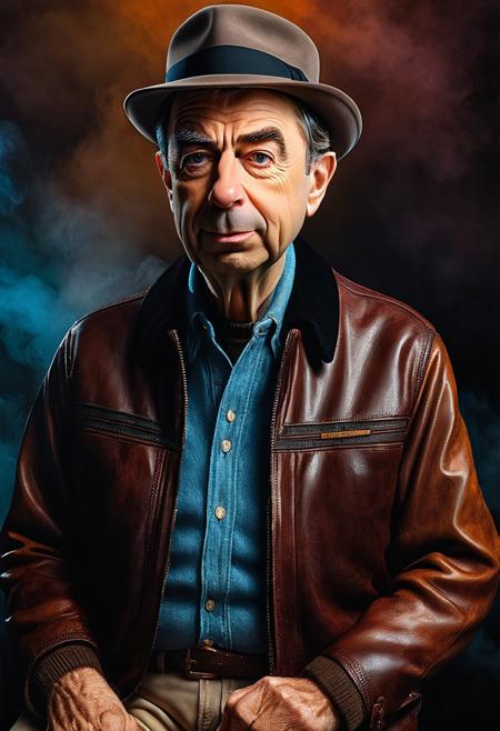 Concept photo, Incredibly Detailed Accurate Portrait Of Mr. Fred Rogers as Frankenseinfeld : noir foggy : beat-up leather jacket, fedora, brown jeans  : Beautiful, iridescent, fluid black, Deep colors, 8k hyperdetailed, highly intricate, hyperrealism delicate detailed complex, sophisticated, sinister, fog, golden hour By Artist John Berkey