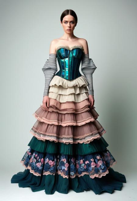 The image is a high-resolution photograph showcasing a woman standing against a solid, deep green background. She is dressed in an elaborate, floor-length gown that features a unique, layered design. The dress is primarily dark blue with a floral pattern that includes shades of pink, green, and white flowers. The lower part of the dress is adorned with a delicate lace trim, adding a touch of elegance and detail. 
The most striking feature of the gown is its voluminous, tiered sleeves and skirt. This photograph features a young woman standing against a plain, light gray background. She is wearing an eclectic, avant-garde outfit that incorporates various pieces of distressed, textured fabric in beige, cream, and brown tones. The top she wears is a unique, strapless corset-like piece made from multiple layers of fabric, each layer featuring different patterns and textures. The image is a photograph of a person wearing an avant-garde, futuristic outfit. The subject is a woman standing against a plain white background, which makes her outfit and accessories stand out sharply. She is wearing a striking, high-fashion ensemble that includes a top and skirt. The top is made of a semi-transparent, iridescent blue material that reveals the wearer's upper body, with horizontal stripes running across it.