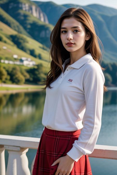 1 woman, 22yo, (realistic, masterpiece, high detailed skin:1.2) (looking at viewer, full body shot, scenic view, long hair:1.2)
<lora:Polo_Skirt_By_Stable_Yogi:1> white shirt, polo shirt, long sleeves, red plaid  skirt,