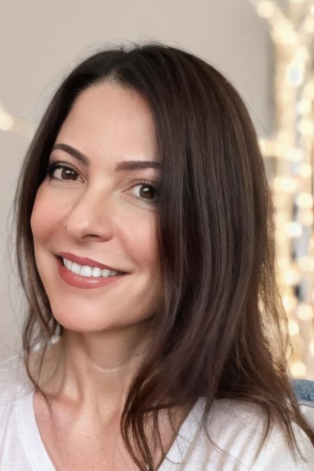 Portrait photo of an4pp4dr40 woman, (light bokeh)++, (white tshirt)+, detailed face, in a bedroom, makeup, smile