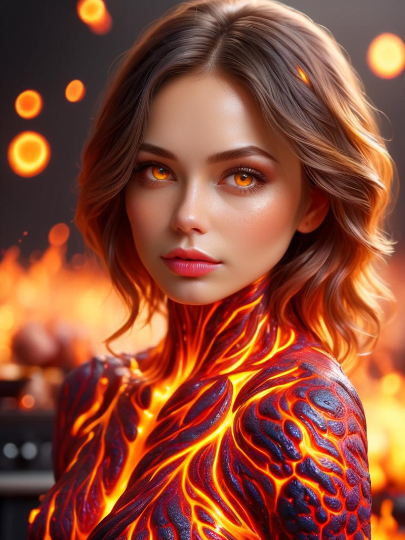 A digital art of a woman with red eyes, flaming hair and a fiery body.