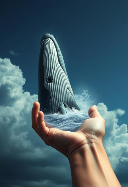 surreal   ,  a whale emerges from the palm of the hand