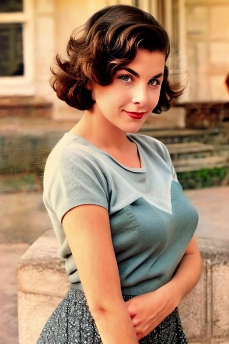 f3nn, woman, hyperealistic, 50s clothing, realistic skin, beautiful,(8k) (HDR), classic beauty, retro