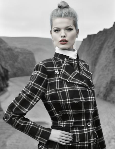 Scotland, <lora:DaphneGroeneveld:1> Daphne Groeneveld, a dutch model, posing working as a tour guide, high-necked clothing, professional lighting, year 1870 styling, professionally color graded Kodak Tri-X Black and white film, tack sharp, fashion shoot, tack sharp