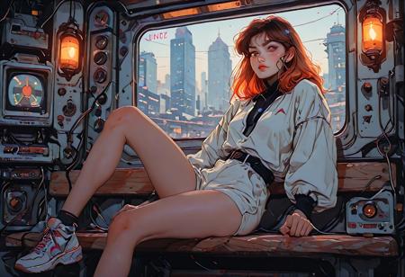 masterpiece, Shinkaistyle, pinkretroanime, retro art, Cyberpunk Style, cyberpunk, science fiction, hi tech, future tech, neon, (Cybernetics:1.25), (Neon Cityscape:1.4), (lineless:1.5), smooth edges, (lighten the face:1.5), tall body, slender body, fit body, long legs, two cats on a wooden bench in an Asian street during late afternoon. One black and white, and one orange. The bench is near a window with Japanese characters and red lanterns. Cherry blossom trees line the street. Green, brown, and warm orange hues. Soft and diffuse lighting.