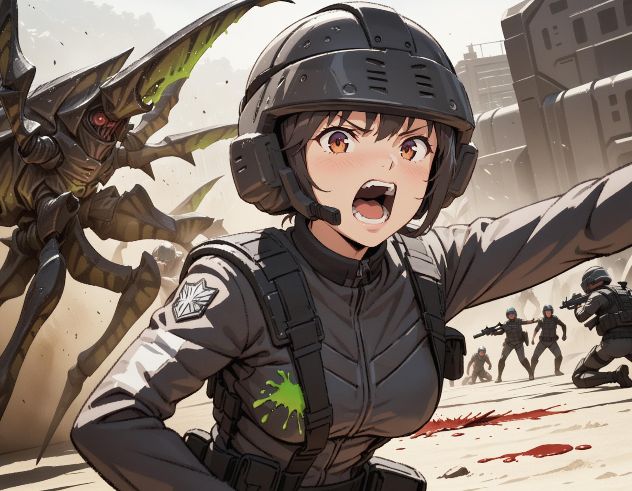 1girl, wearing a Starship-trooper-uniform-with-helmet, holding a Starship-Trooper-Rifle, turning head, looking at viewer, ...