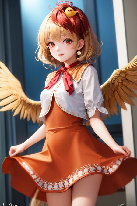 niwatari kutaka bird on head orange dress shirt puffy short sleeves boots wings tail