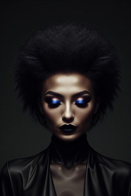 The image is a high-resolution photograph of a person with an ethereal, surreal aesthetic. The subject is a woman with a striking, statuesque appearance, her face and body draped in a dark, almost black, high-fashion ensemble. She has her eyes closed, giving an impression of serenity or contemplation. Her makeup is dramatic, with dark, matte lipstick and eyeshadow that matches the dark tones of her attire.
