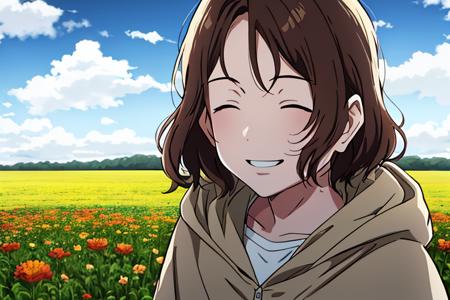 <lora:PlutoStyle-08:0.8>  solo, close_up smile, brown hair, 1boy, closed eyes, flower, male focus, outdoors, sky, day, cloud, hood, blue sky, parody, cloudy sky, cloak, field, flower field,