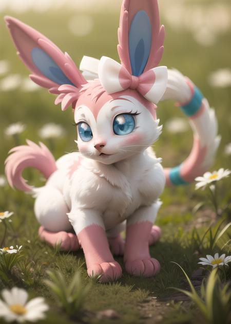 sylveon,animal focus,cute,nigth,grass,flowers,  <lora:Sylveon:0.75>