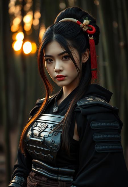 Close Up shot of a beautiful japanese samurai girl, geisha hairstyle, samurai armour, black cape, perfect body, oiled skin, sensual, erotic, bamboo forest background, sunset, National Geographic photography style, low saturation