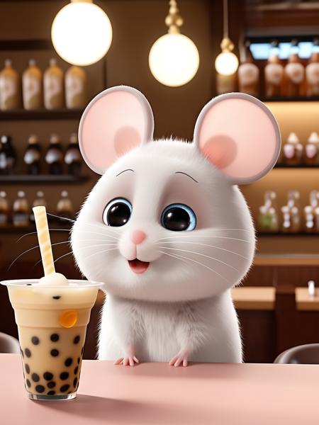 best quality, masterpiece, raw photo, 8k,uhd,cartoon, TSLoP,a mouse is drink bubble tea, <lora:TSLoP:0.7>