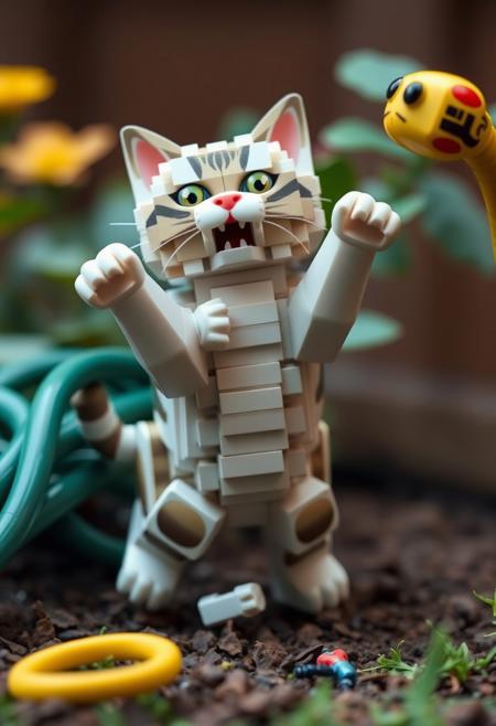masterpiece, best quality, A humorous depiction of an absurd cat made of Lego, struggling with her legs, her eyes pop out, and jumping up like an idiot, astounded by a hose made of Lego in the garden that she mistakenly for a snake.