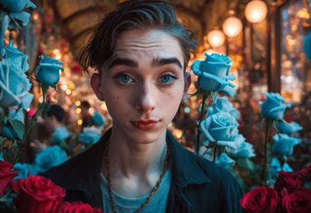 cartoon art stylized by Classic Disney and Caia Koopman, crowded indoors with Roses, Mystical lanky (Mateusz:1.3) Cook, thick eyebrows and detailed Blue eyes, Soul Patch, from inside a Metropolis, Bokeh, Fantasy, side lit, 35mm, epic atmosphere, fine artistic composition, inspired