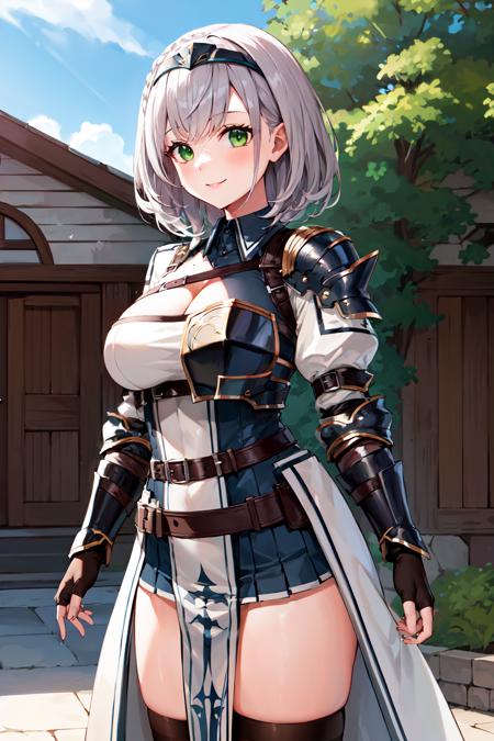 masterpiece, best quality, highres, aanoel, medium hair, green eyes, hairband, blue collar, shoulder armor, cleavage, mole on breast, armored dress, chest belt, gold trim, fingerless gloves, black gloves, brown belt, pouch, pelvic curtain, black thighhighs, <lora:shirogane_noel_v1:0.8>, outdoors, cowboy shot, standing, arms at sides, smile