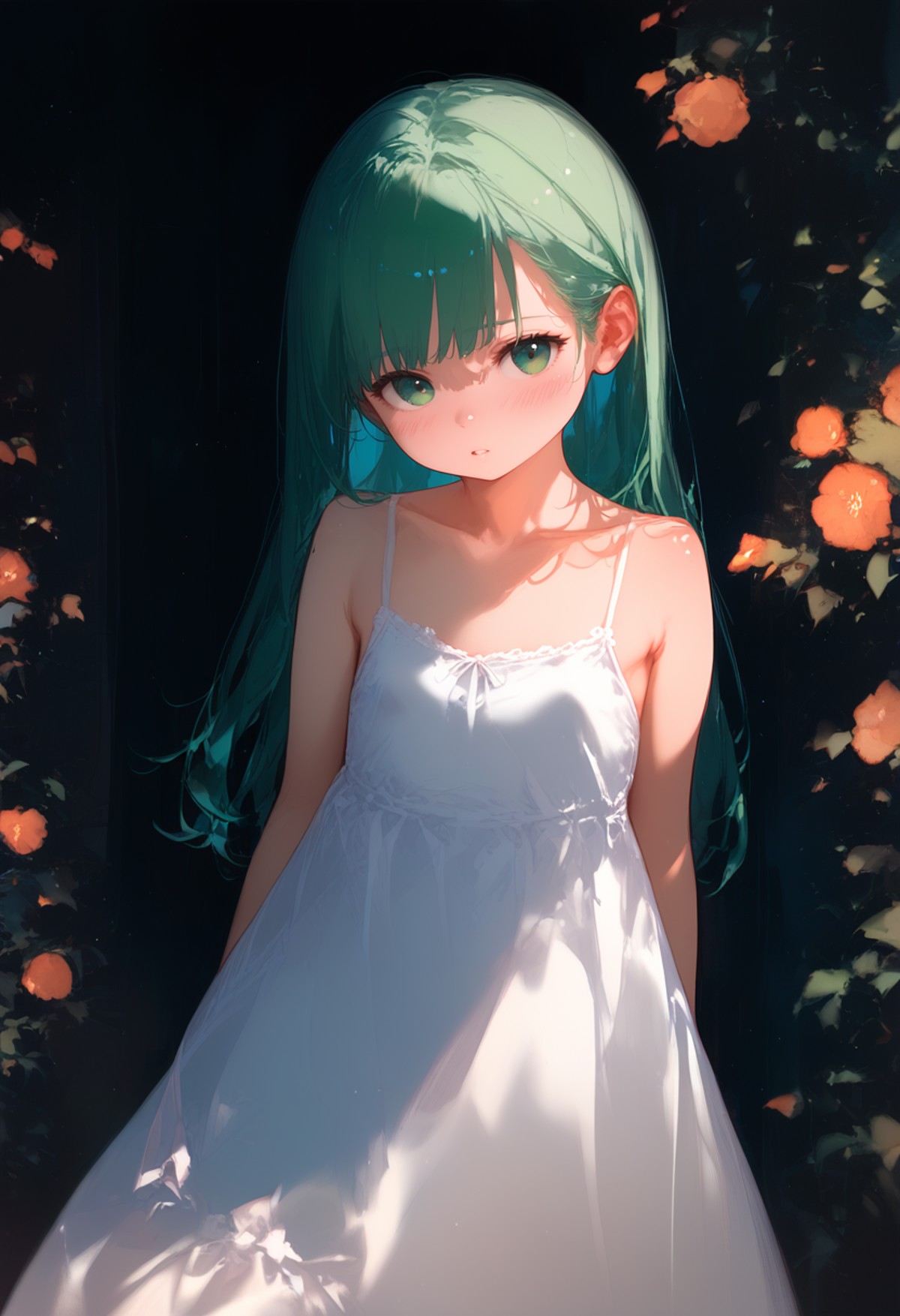 score_9, score_8_up, 1girl, solo, green eyes, long hair, green hair, looking at viewer, dress, white dress, parted lips, b...