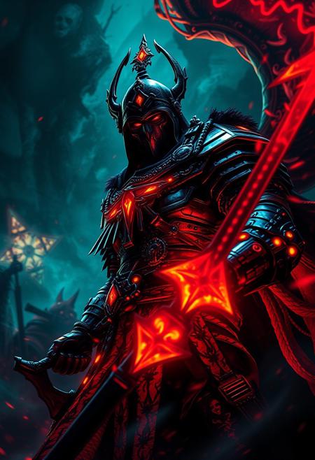 Epic dark fantasy vibrantly colored hyperdetailed ink art depicting a legendary warrior in defiance against impossible odds. Strong top lighting effect. Bioluminescent glowing armor and weapon accessories. Volumetric lighting. Chiaroscuro oil painting by Caravaggio. Deep glow effect, cinematic light bloom, cinematic lens flare. Grimdark, gritty, intense, volatile. Hypermaximalism. Motion blur. Full-frame fisheye lens. 32K cinematic hyperrealistic fantasy ultradetailed masterpiece.