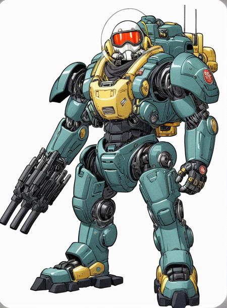 <lora:Akira_Toriyama_vehicle:1> a man controlled military exoskeleton, full body, heavy weapon, cool, manga, hand drawing, full colour, blank background, <lora:add-detail-xl:1.2>, detailed, complex, akira toriyama style, vehicle design, cute