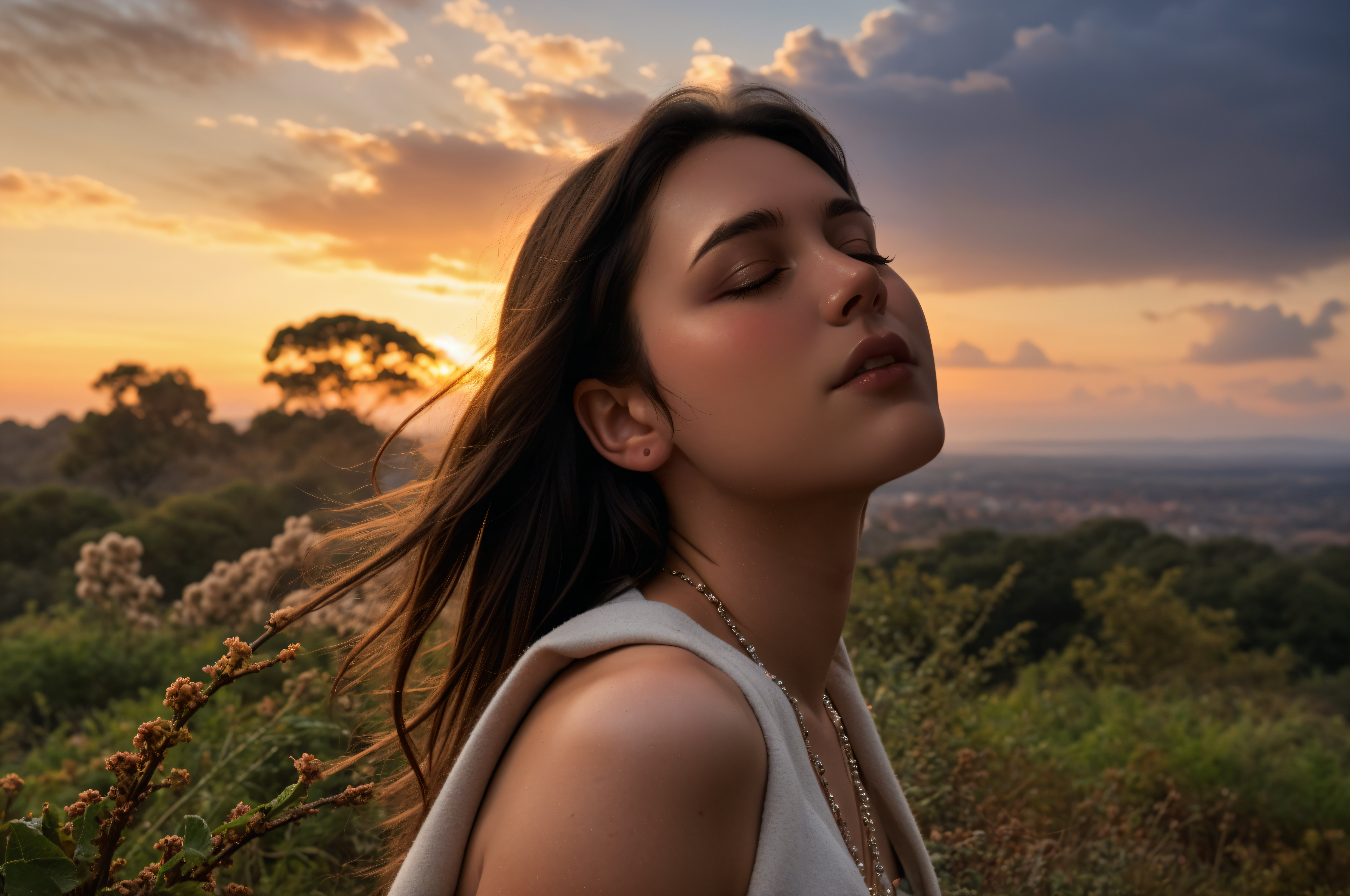RAW Photo, the most cute shy innocent girl in the world, closed eyes, sunset, (nature on background:1.2), masterpiece, intricate details, 8k, octane render <lora:detail_slider_v4:1.1> <lora:exposure_control_v10:-0.55> <lora:light_slider_v10:-3.6>, surreal photography, dreamlike imagery, subconscious exploration, bending reality, imaginative narratives, juxtaposing elements, evoking wonder and awe, transcending boundaries, challenging perceptions, fantastical landscapes, otherworldly atmospheres