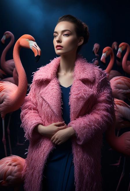 cinematic photo of a woman with a pink feather coat hugging a group of elegant pink flamingos in a black studio background, surrealism, coat designed by Balenciaga, nostaligic mood, dark blue, rembrandt lighting, blue and warm lights, shot with Hasselblad X1D, A cinematic, hyper-detailed, National Geographic-style composition, shot with a Canon EOS R5, f/1.4 aperture, soft bokeh background, 8K resolution, photorealistic,