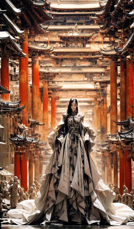 (dramatic, gritty, intense:1.4),masterpiece, best quality, 32k, insane details, intricate details, hyperdetailed, hyper quality, high detail, ultra detailed, Masterpiece, elaborate Hanfu(red Hanfu:1.4)(Chinese architecture:1.5)red
1 girls, smokefogA high fashion model, in an elaborate Hanfu designed by Alexander McQueen, stands amidst a bustling metropolis' futuristic architecture. This full body shot for Vogue, captured by Andreas Gursky, melds tradition and modernity
<lora:~Q?-[lIg
:0.9>