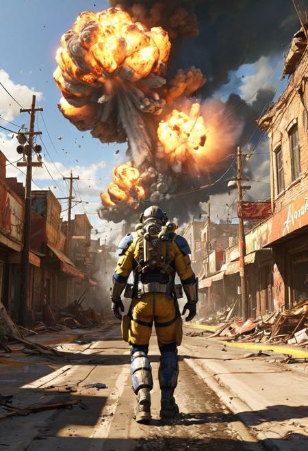 style by (Explosion Artstyle:1.4) best quality,high resolution,64k,realistic masterpice,splash art,,dynamic angle,closeup, cinematic still,Fallout 76 sunrise atmosphere,playful-shadows,vivid dystopic colors,ultrarealistic fallout1knight on the dirty futuristic busy wasted street inspired by (Andre Kohn:1.7)