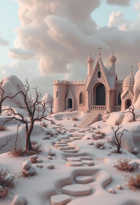 A digital 3D model rendering a creepy, dreamlike Renaissance landscape in soft pastel colors with dark tones and unsettling details. The overall mood is gentle and soothing. Friends don't let other friends do stupid things...on their own! is subtly integrated.