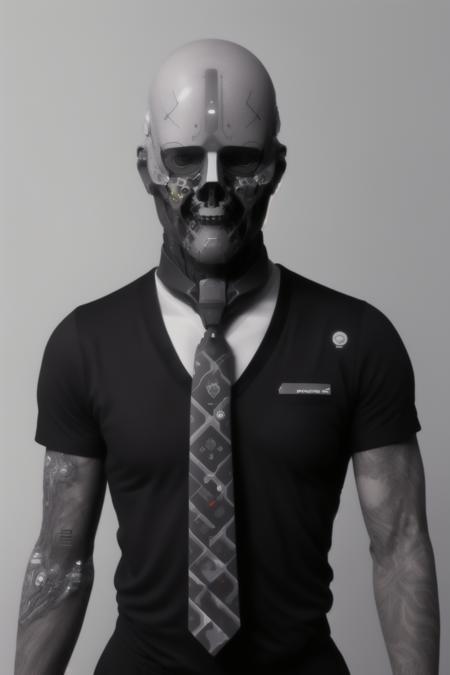 (a man with tattoos on his arms and a tie,   hightech_robotics  ,)