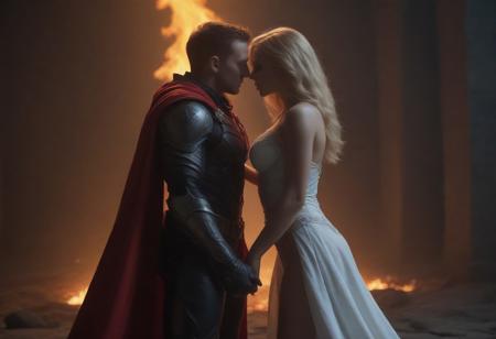 Hyper realistic, 
Full-body illustration in the dark, hyper-stylized style of Spawn comics: two women kiss in front of a massive burning hellgate, surrounded by scorched ritual stones and floating embers. One is pale, delicate, and innocent in appearance, with long flowing blonde hair. She wears a soft, semi-transparent white gown made of ethereal, torn silk, soaked and clinging to her curves. Red rose patterns are embroidered along the fabric. Her posture is vulnerable yet longing, her expression dreamy and emotional. Her bare skin glows faintly against the shadows—sensual, pure, and feminine.
The other woman is her opposite: muscular, sun-kissed, with short red hair and a commanding presence. She wears a dark, skin-tight, organic armor inspired by Spawn’s suit—black with glowing red cracks, chains wrapping around her limbs, and skull-like details across her belt and shoulder. Her chest and stomach are partially exposed between jagged armor gaps. A living red cape flows behind her like shadow and flame.
Their bodies press together in a moment of forbidden desire—raw, gothic, erotic. Hellfire lights the scene, casting dramatic shadows on their skin. Avoid male figures, photorealism, sci-fi, clean beauty, cartoon styles, humor, modern clothing, soft lighting, or comic panels. No text. Focus on contrast: soft innocence vs demonic dominance, both erotic and dramatic. Nippel, erotic,