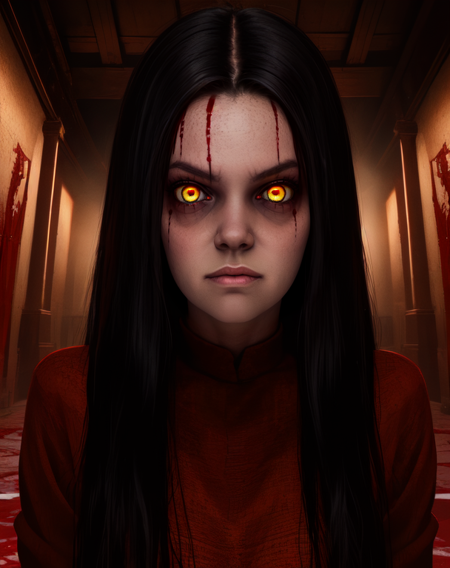 alma,yellow eyes,glowing eyes,black hair,
red dress,
standing,upper body,
building,blood halls,
(insanely detailed, beautiful detailed face,beautiful detailed eyes, masterpiece, best quality),<lora:Almawade:0.7>,