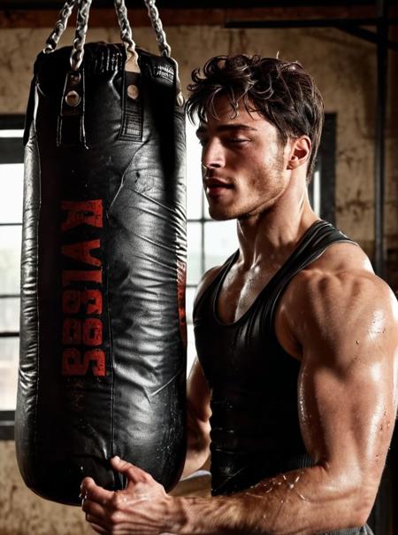 Ezra Miller a man <lora:Froy-Gutierrez_Ezra-Miller:0.8> punching a boxing bag in a grungy gym. Sweating it out, wearing a tight wet vest showing ripped biceps. Side view, high detail, realistic, 8k, depth of field, sharp focus, intricate, smooth, masterpiece, photorealistic, professional photoshoot quality, highly detailed detailed face, realistic skin, ultra-realistic, uhd, full body in frame, <lora:add-detail-xl:1>