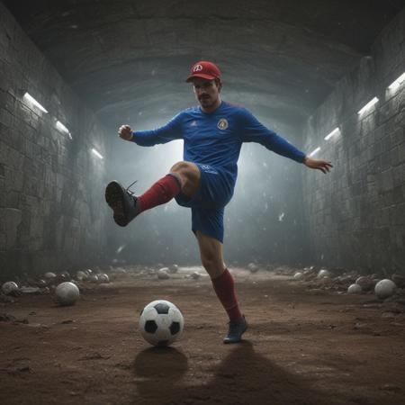 a man kicking a soccer ball, mario as a real person, stuff of nightmares, charioscuro, full art, , les catacombes, nightmare inducing, still in package, labirynth, worlds collide, archival quality image, made in 2019, short spout, life-like atmosphere, hd, 4k very detailed, trending on artstation, highly detailed, bokeh, polar aberration, deviantart featured