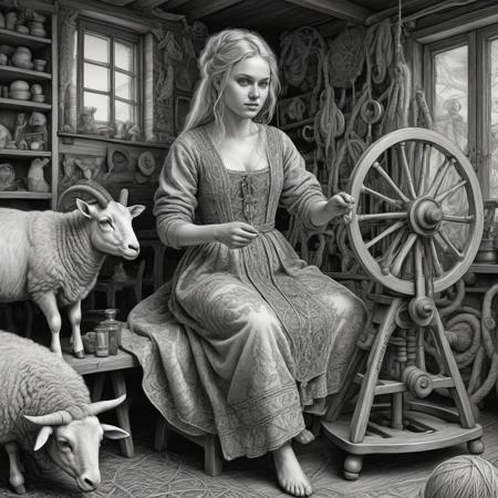 highly detailed, fantasy art, blonde woman sitting in her room spinning a yarn from sheep wool on her spinning wheel, aesthetic selenium  pencil drawing, conceptual art, reference illustration, extremely beautiful, professional, dynamic, looking at viewer, high contrast, (intricate details, masterpiece, best quality:1.4),