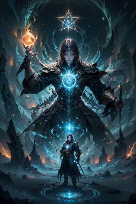 (2 boys), (multiple boys, dual wielding, looking at viewer, standing, (glowing), light particles, blue theme, colorful, wallpaper, energy, Unknown terror, arcane, Around the magic ,magic surrounds ,magic rod, book, pages flying all over the sky, Know it all, Predicting the Future, Know the past, Infinite wisdom, blue flame, Warlock, Magical Circle, Pentagram, incantation, mantra, Singing magic, masterpiece, best quality,   <lora:shadow glowing_beta:0.7>, (masterpiece,best quality:1.5)